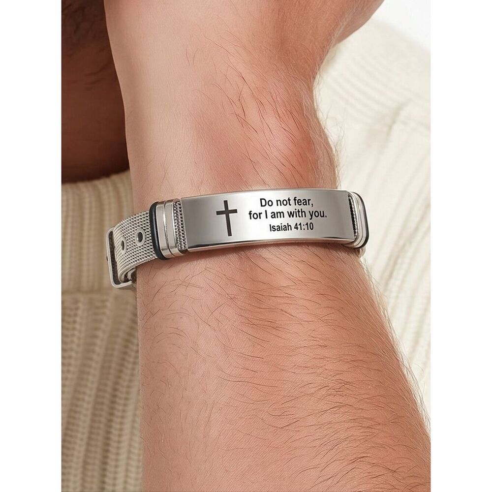 Men’s Bible Verse Bracelet Isaiah 41:10 Cross Silver Silicone Christian Reminder
